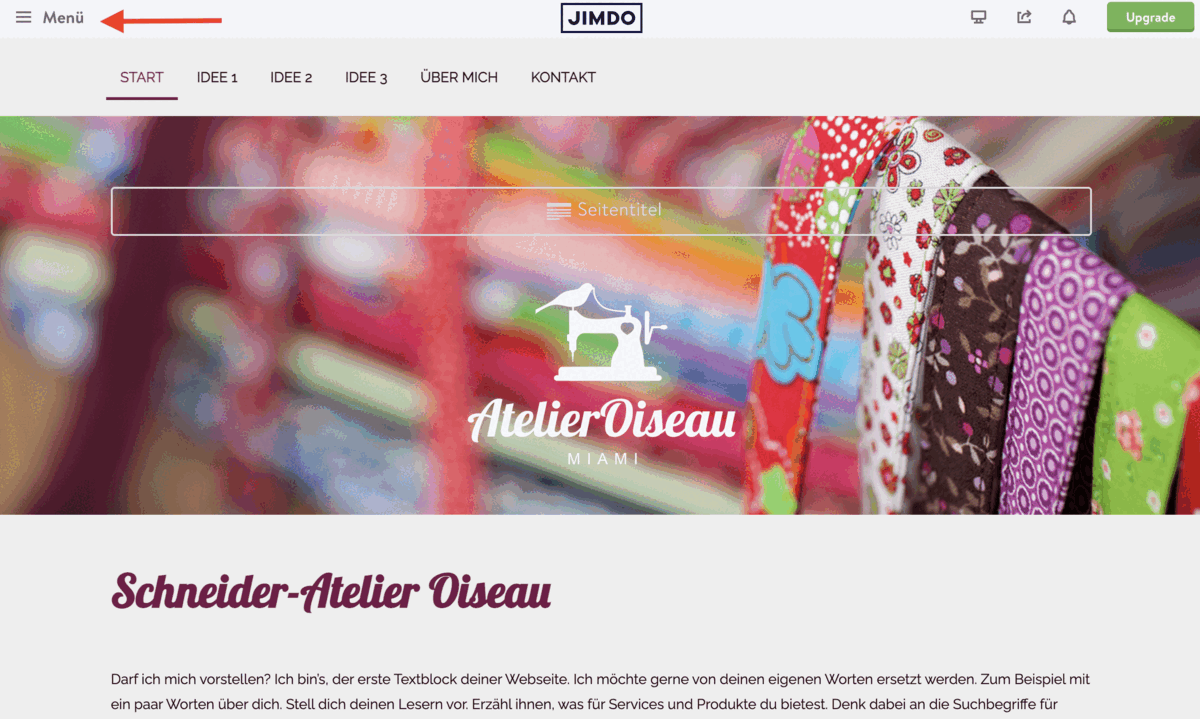 Animation zeigt eine kurze Vorschau auf die Bearbeitung einer Jimdo Creator Seite. Zu sehen ist, wie das Menü auf der linken Seite im Baukasten bedient wird und welche Funktionen dort verfügbar sind.