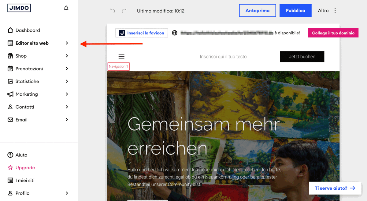 Animazione che mostra una breve anteprima della modifica di un sito Jimdo con il sito web builder di Jimdo. Viene mostrato come aprire la modalità di modifica, aggiungere un blocco e regolare il colore di sfondo del blocco.