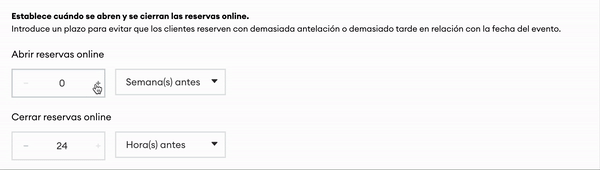El gif muestra cómo un usuario define una fecha de inicio y una fecha de finalización para una reserva en la configuración. En la animación, el usuario abre los ajustes de reserva, hace clic en los campos de fecha y selecciona el período deseado.