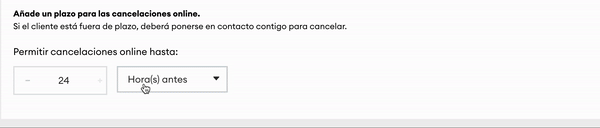 El gif muestra cómo un usuario establece un plazo de cancelación en la configuración de reservas. En la animación, el usuario abre los ajustes de reserva, va a la sección de cancelaciones y elige un plazo en el que se puede cancelar sin coste.

