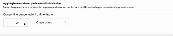 Il gif mostra come un utente imposta un periodo di cancellazione nelle impostazioni di prenotazione. Nell’animazione, l’utente apre le impostazioni, accede alla sezione per la cancellazione e seleziona un termine entro cui è possibile annullare gratuitamente.