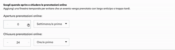 Il gif mostra come un utente imposta una data di inizio e una data di fine per una prenotazione nelle impostazioni. Nell’animazione, l’utente apre le impostazioni di prenotazione, clicca sui campi data e seleziona il periodo desiderato.