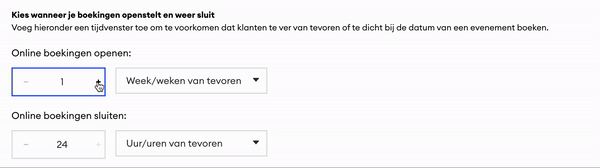 De gif toont hoe een gebruiker een begin- en einddatum voor een boeking instelt in de instellingen.
