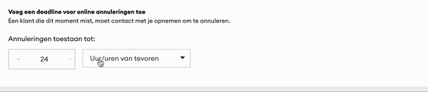 De gif toont hoe een gebruiker een annuleringsperiode instelt in de boekingsinstellingen.