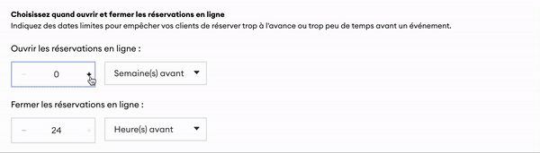 Le gif montre comment un utilisateur définit une date de début et une date de fin pour une réservation dans les paramètres. Dans l’animation, l’utilisateur ouvre les paramètres de réservation, clique sur les champs de date et sélectionne la période souhaitée.