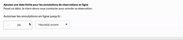 Le gif montre comment un utilisateur définit un délai d’annulation dans les paramètres de réservation. Dans l’animation, l’utilisateur ouvre les paramètres, accède à la section des annulations et choisit un délai pendant lequel une réservation peut être annulée gratuitement.