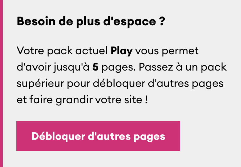 Notification dans l'éditeur de page Jimdo indiquant qu'une mise à niveau est nécessaire pour ajouter plus de sous-pages au site.
