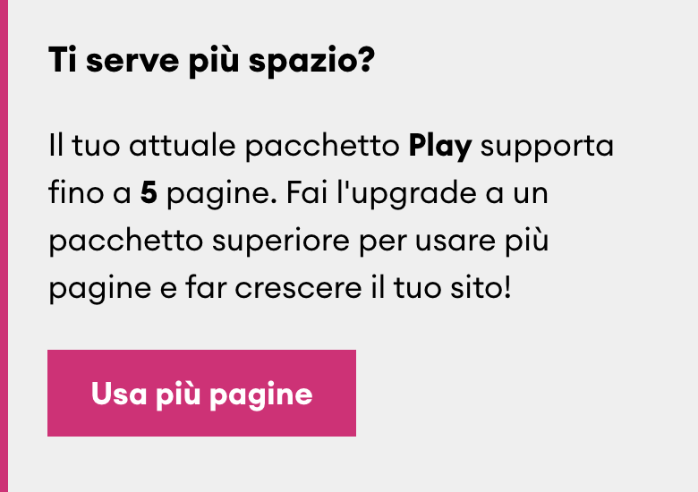 Notifica nell'editor di pagine di Jimdo che indica che è necessario un upgrade per aggiungere altre sottopagine al sito.
