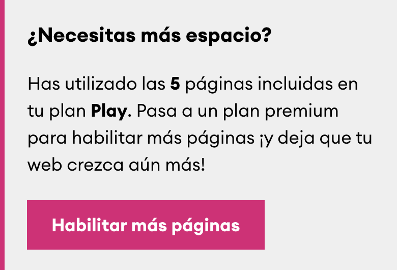 Aviso en el editor de páginas de Jimdo que indica que se necesita una actualización para añadir más subpáginas al sitio web.