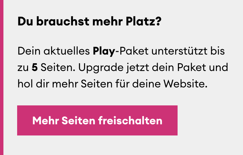 Hinweis in der Jimdo Seitenbearbeitung, dass ein Upgrade erforderlich ist, um weitere Unterseiten zur Website hinzuzufügen.