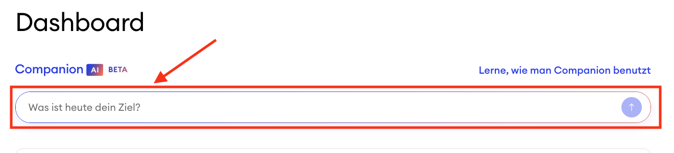 Darstellung des Jimdo Dashboards, in dem der Companion Chat Bereich sichtbar ist und zur Eingabe einer Frage genutzt werden kann.