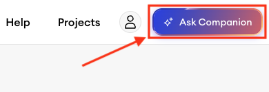 View of the Jimdo editor with the highlighted “Ask Companion” button in the top right corner of the page.