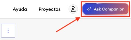 Vista del editor de Jimdo con el botón “Preguntar a Companion” resaltado en la parte superior derecha de la página.