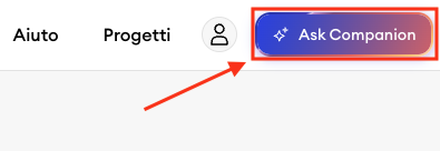 Visualizzazione dell’editor di Jimdo con il pulsante “Chiedi a Companion” evidenziato nell’angolo in alto a destra della pagina.g