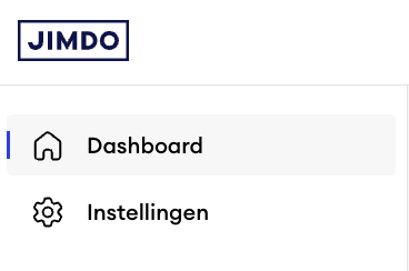 Screenshot van het Jimdo dashboard met een linker zijbalk waarin onder “Dashboard” alleen het menu-item “Instellingen” wordt weergegeven, wat wijst op een Creator website.