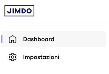 Screenshot della dashboard Jimdo con la barra laterale sinistra che mostra solo la voce “Impostazioni” sotto “Dashboard”, indicando un sito Creator.