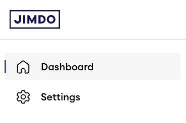 Dashboard menu in Jimdo Creator showing a single menu item Settings under Dashboard