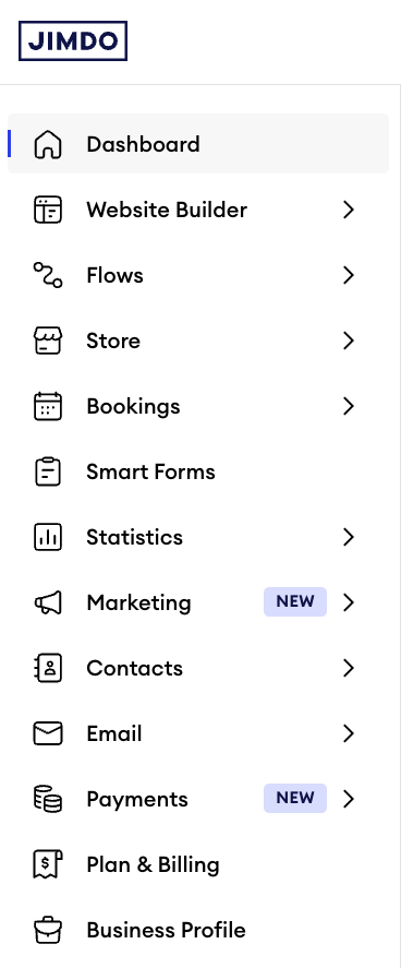 Dashboard menu in Jimdo Website Builder showing multiple menu items under Dashboard, including options like Flows, Store, and Bookings