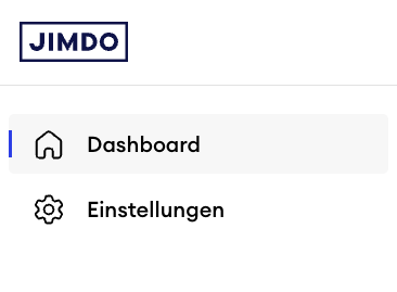 Dashboard Menü in Jimdo Creator mit einem einzelnen Menüpunkt Einstellungen unter Dashboard