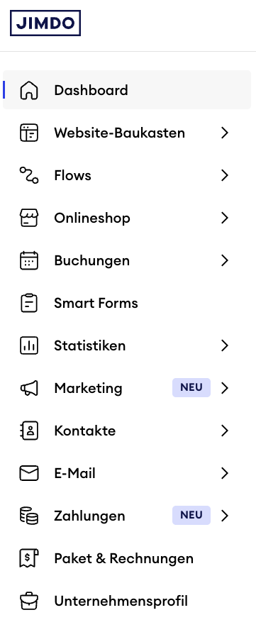 Dashboard Menü im Jimdo Website Builder mit mehreren Menüpunkten unter Dashboard, einschließlich Optionen wie Flows, Onlineshop und Buchungen