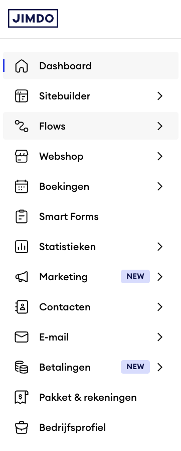 Dashboardmenu in Jimdo Website Builder met meerdere menu items onder Dashboard, inclusief opties zoals Flows, Webshop en Boekingen