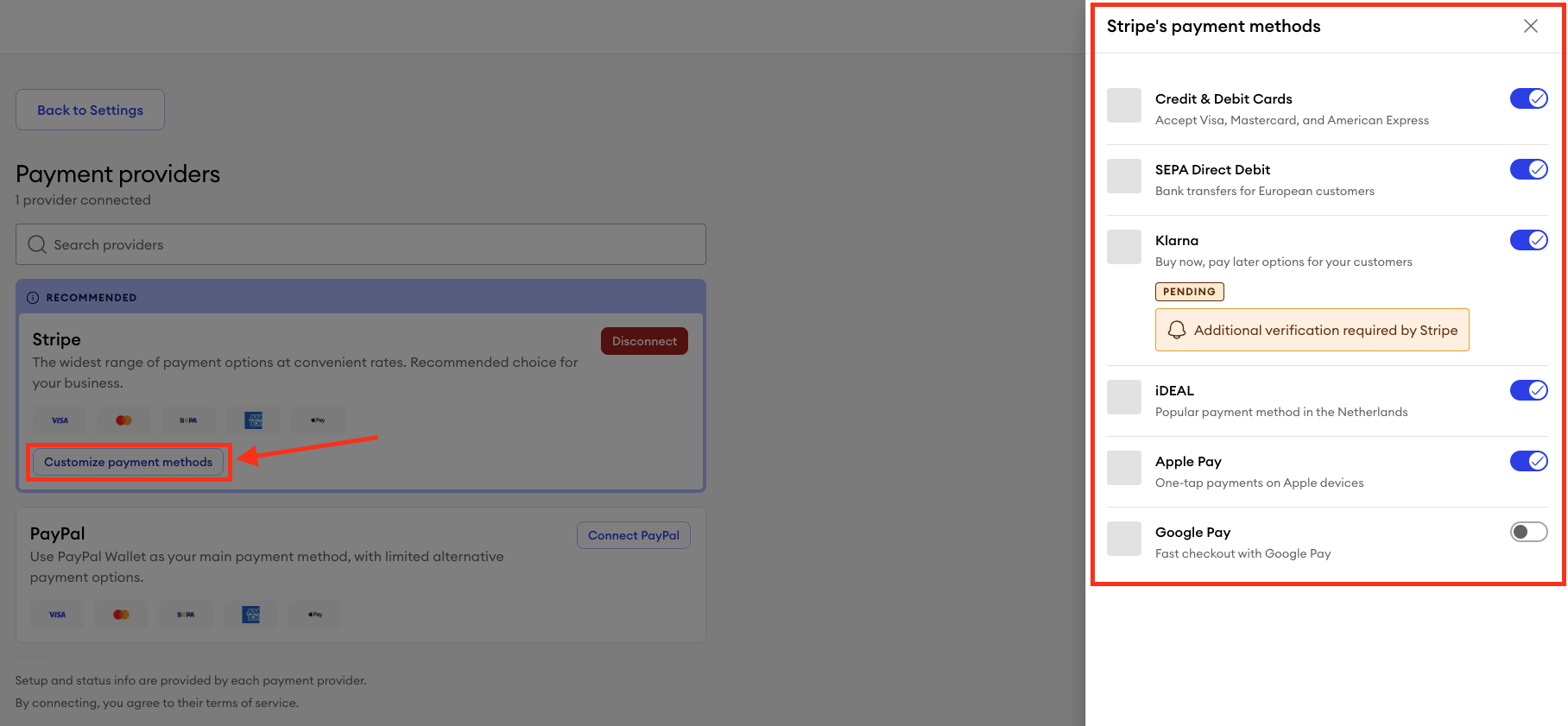 Jimdo Payment settings with Customize payment methods highlighted and available options shown on the right.
