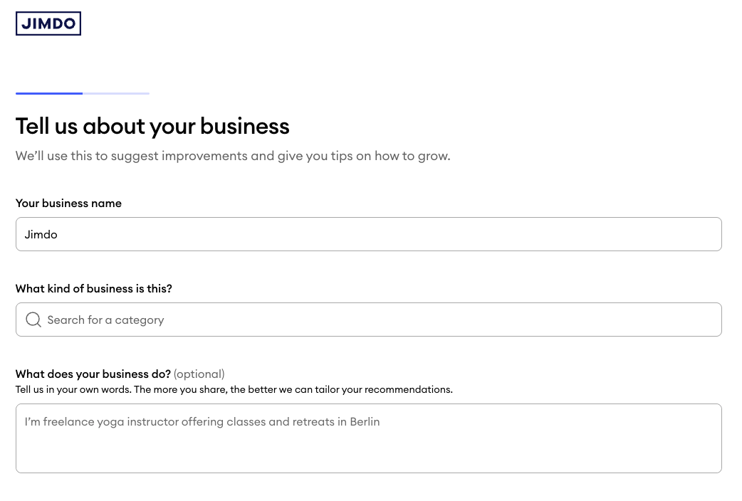 Screenshot of the Tell us about your business step in the Jimdo website wizard, where users enter their business name, choose a category, and optionally add a description