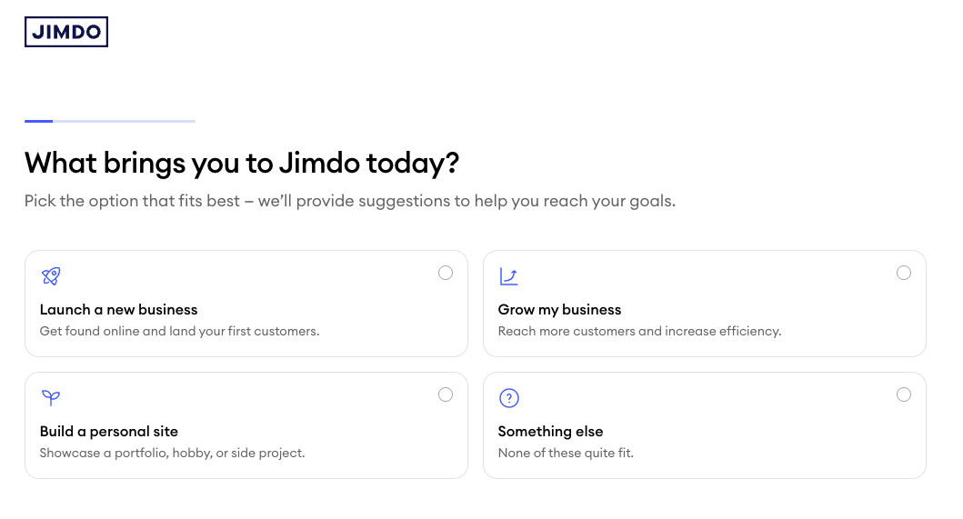 Screenshot of the first step in the Jimdo website creation wizard, where users select their main goal, such as starting a business, growing it, or creating a personal site.