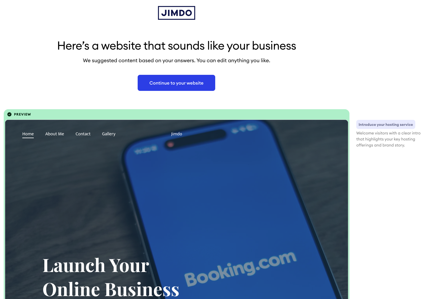 Screenshot of the website preview created by the wizard, showing the automatically generated design with layout, structure, and content