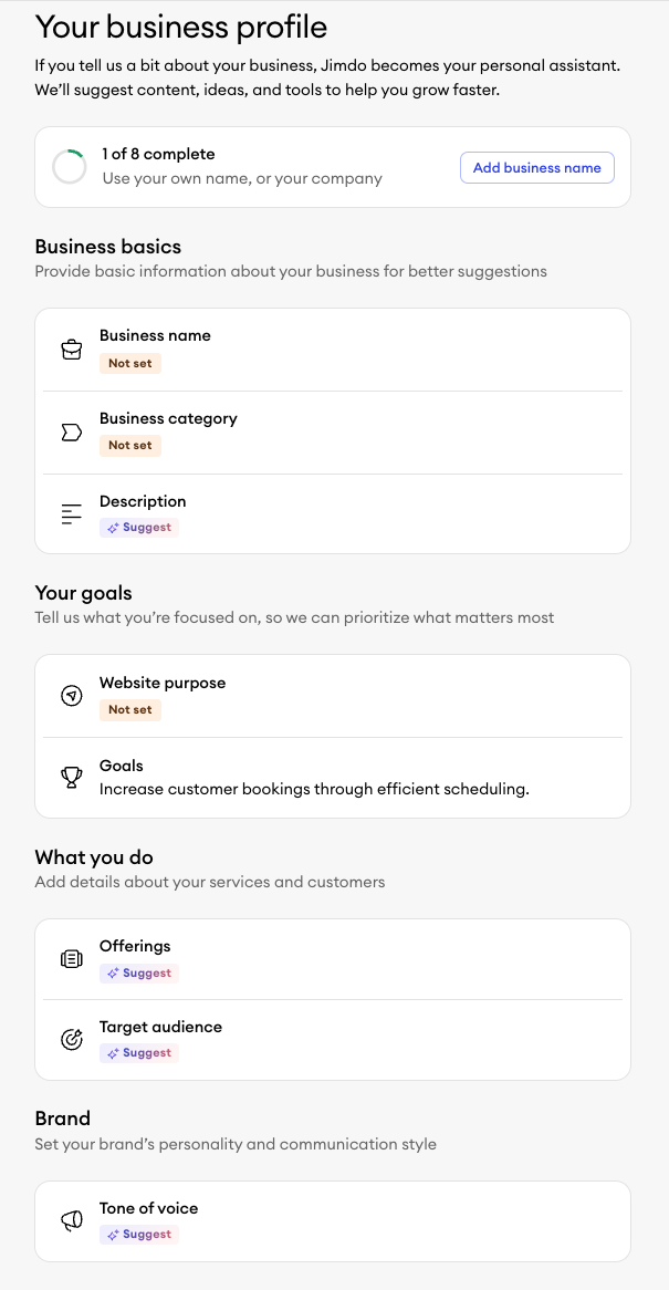 Business Profile section in the Jimdo dashboard showing fields for business name, category, description, offerings, target audience, and contact details, used to manage and personalise website content and settings.