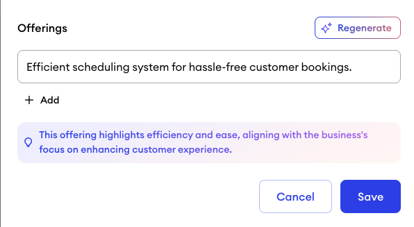 Offerings input field in the Jimdo Business Profile showing a single text field with a plus button to add a new offering and a Generate button to create suggestions using AI.