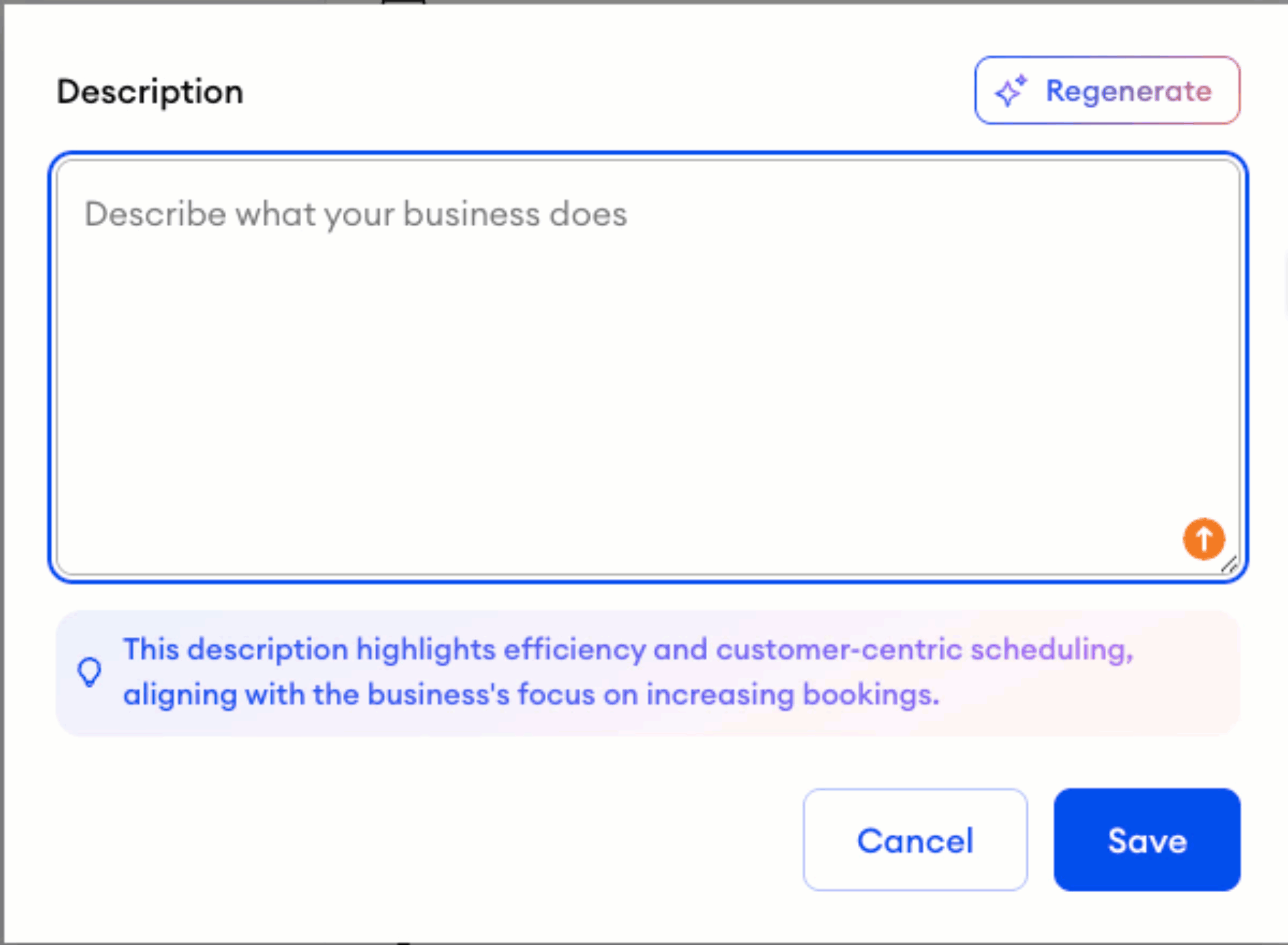 Animated GIF showing how to regenerate a business description in the Jimdo Business Profile by clicking the Regenerate button to create a new AI generated version of the text.