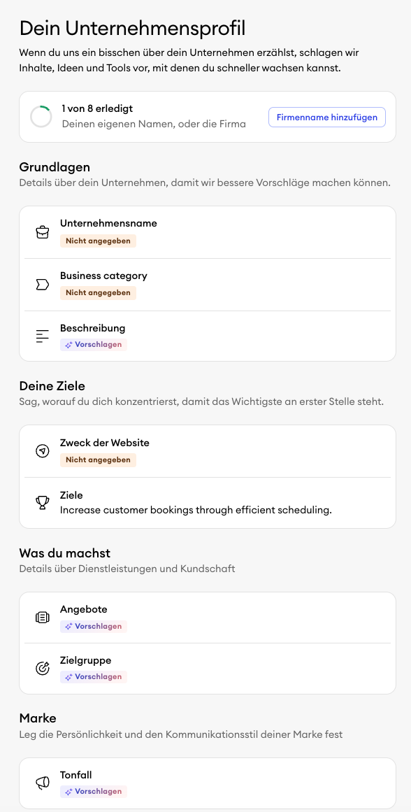 Bereich Unternehmensprofil im Jimdo Dashboard mit Feldern für Business Name, Kategorie, Beschreibung, Angebote, Zielgruppe und Kontaktdaten zur Verwaltung und Personalisierung von Website Inhalten und Einstellungen.