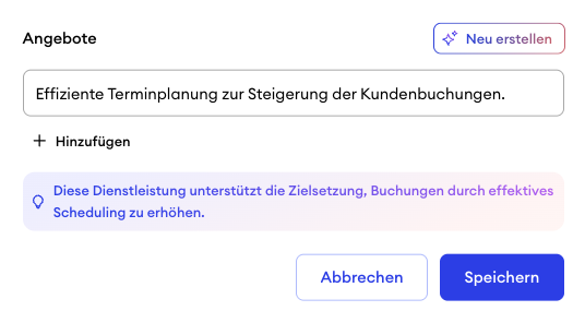 Eingabefeld für Angebote im Jimdo Unternehmensprofil mit einem Textfeld, einem Plus Button zum Hinzufügen und einem Generate Button für KI Vorschläge.