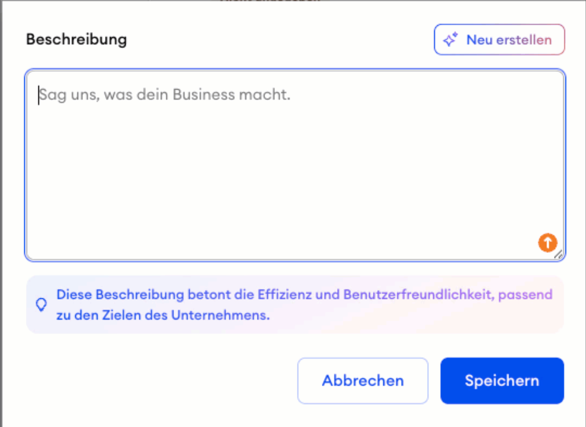 Animiertes GIF zeigt, wie eine Beschreibung im Jimdo Unternehmensprofil über den Regenerate Button neu durch KI erstellt wird.