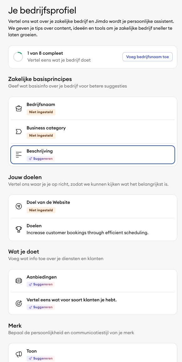Bedrijfsprofiel in het Jimdo dashboard met velden voor bedrijfsnaam, categorie, beschrijving, aanbod, doelgroep en contactgegevens om website content en instellingen te beheren en te personaliseren.