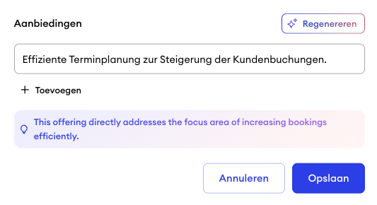 Invoerveld voor aanbod in het Jimdo bedrijfsprofiel met een tekstveld, een plus knop om iets toe te voegen en een Generate knop voor AI suggesties.