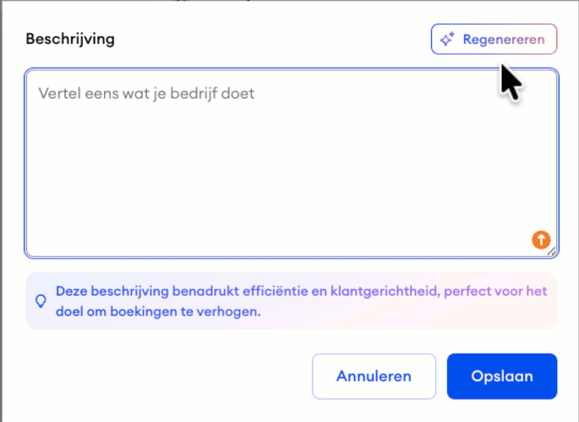 Geanimeerde GIF die laat zien hoe je een beschrijving in het Jimdo bedrijfsprofiel opnieuw genereert via de Regenerate knop.