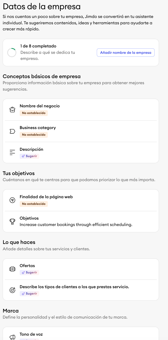 Sección Perfil de Negocio en el panel de Jimdo con campos para nombre del negocio, categoría, descripción, ofertas, público objetivo y datos de contacto para gestionar y personalizar el contenido y la configuración del sitio web.