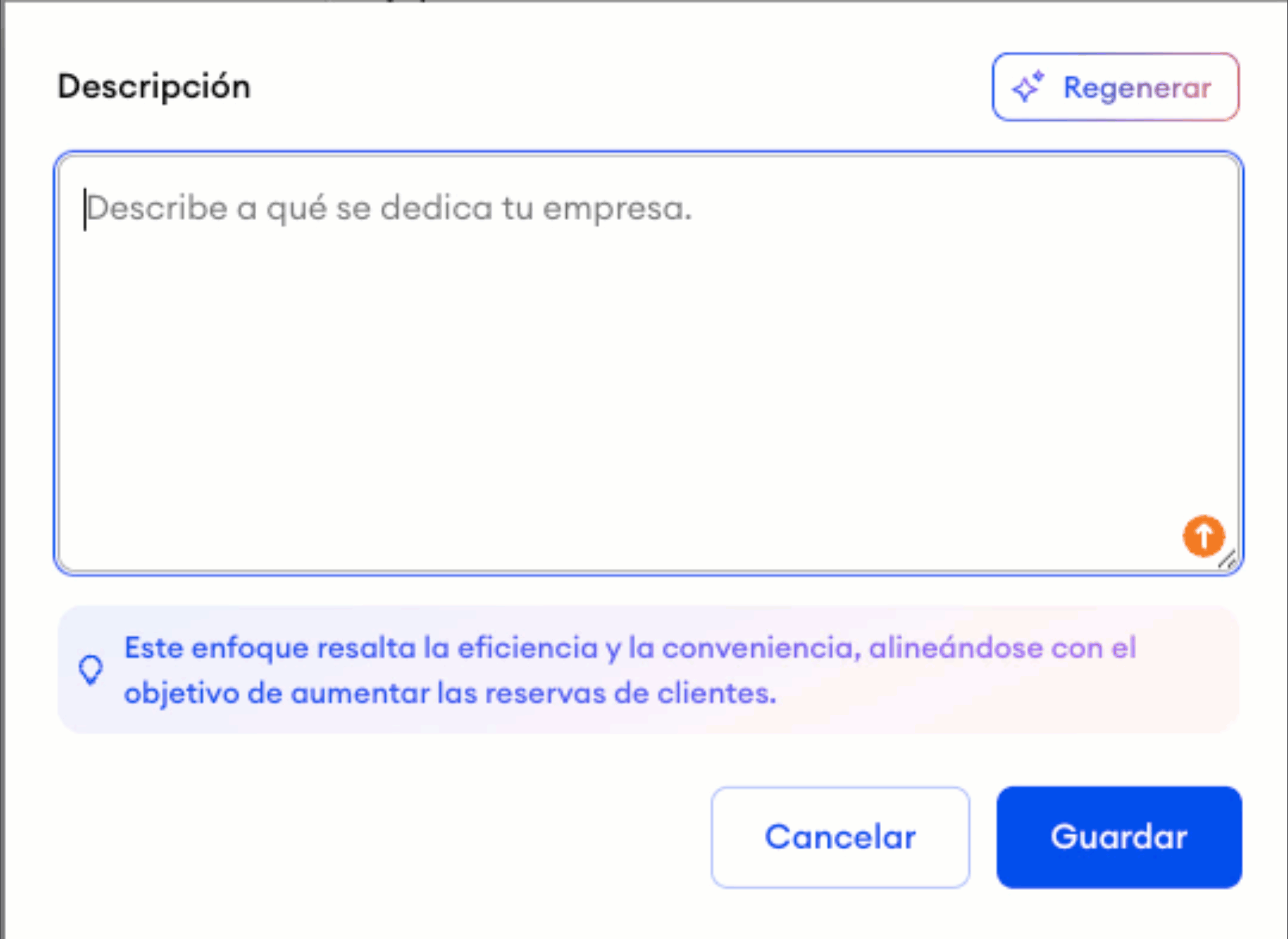 GIF animado que muestra cómo regenerar una descripción en el Perfil de Negocio de Jimdo usando el botón Regenerar para crear una nueva versión generada por IA.