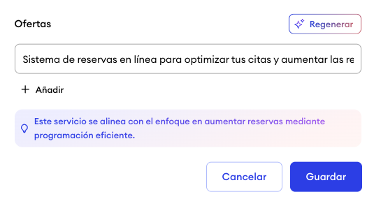 Campo de entrada de ofertas en el Perfil de Negocio de Jimdo con un campo de texto, un botón más para añadir y un botón Generar para crear sugerencias con IA.