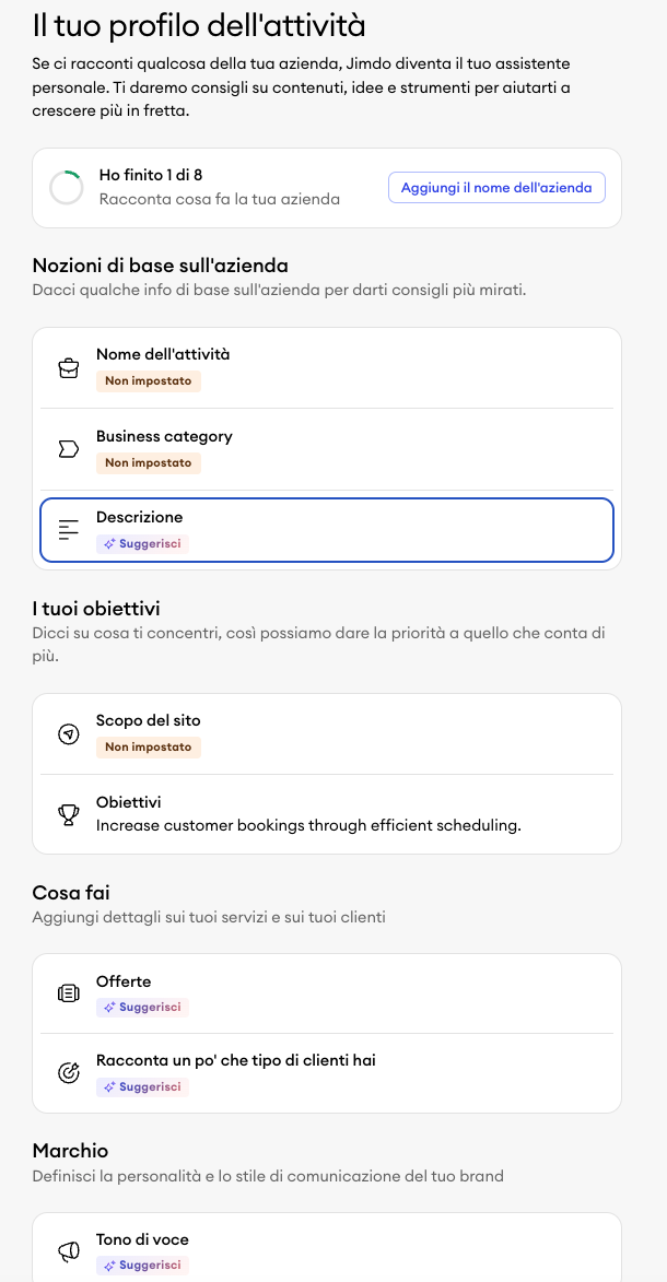Sezione Profilo Aziendale nel pannello Jimdo con campi per nome dell’attività, categoria, descrizione, offerte, pubblico target e dati di contatto per gestire e personalizzare contenuti e impostazioni del sito web.