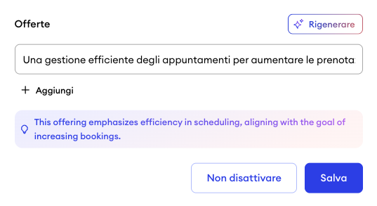 Campo di inserimento offerte nel Profilo Aziendale di Jimdo con un campo di testo, un pulsante più per aggiungere e un pulsante Genera per creare suggerimenti tramite IA.