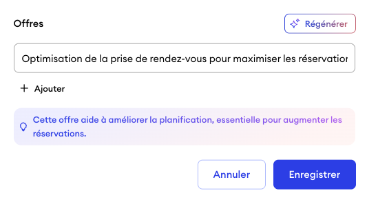 Champ de saisie des offres dans le profil d’entreprise Jimdo avec un champ de texte, un bouton plus pour ajouter et un bouton Générer pour créer des suggestions avec l’IA.