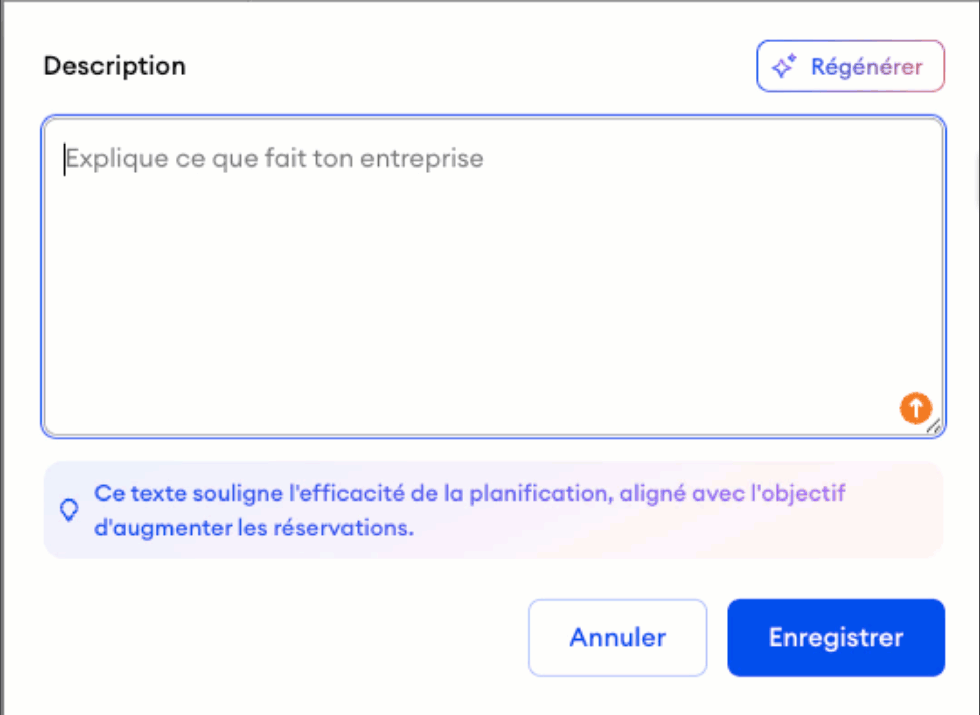 GIF animé montrant comment régénérer une description dans le profil d’entreprise Jimdo en utilisant le bouton Régénérer pour créer une nouvelle version générée par l’IA.