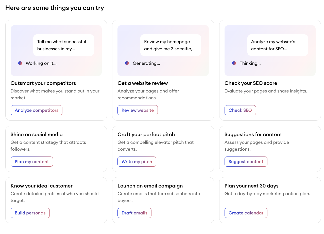 Companion help section in the Jimdo dashboard showing suggested prompts and example questions that guide users on how to interact with the AI assistant.
