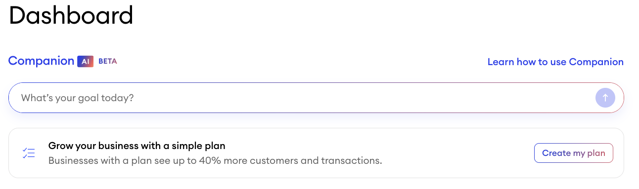 Jimdo dashboard showing the Companion AI chat input field with a prompt area where users can type their goal or question to receive personalised suggestions and actions.