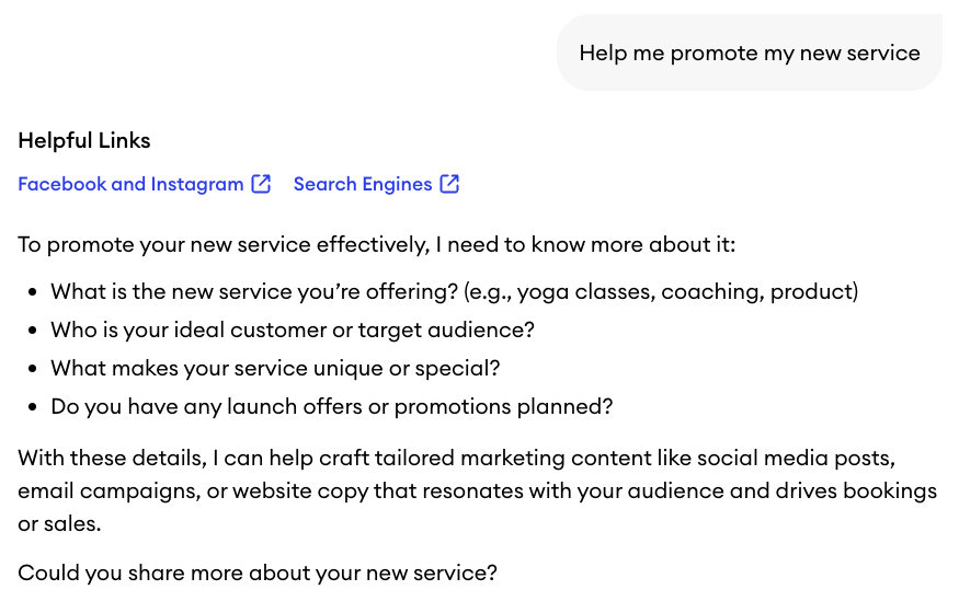 Companion AI chat in the Jimdo dashboard showing a generated response to a user question, with suggested actions and guidance tailored to the business.