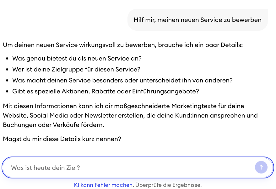 Companion KI Chat im Jimdo Dashboard mit einer generierten Antwort auf eine Nutzerfrage, inklusive vorgeschlagener Aktionen und individueller Empfehlungen.