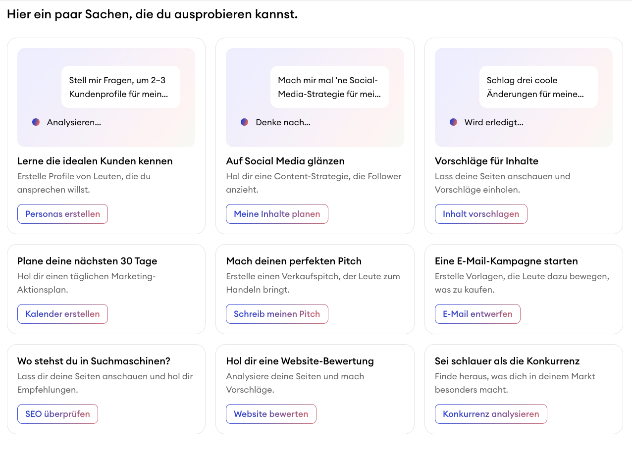 Companion Hilfebereich im Jimdo Dashboard mit vorgeschlagenen Eingaben und Beispiel Fragen, die zeigen, wie Nutzer mit der KI interagieren können.